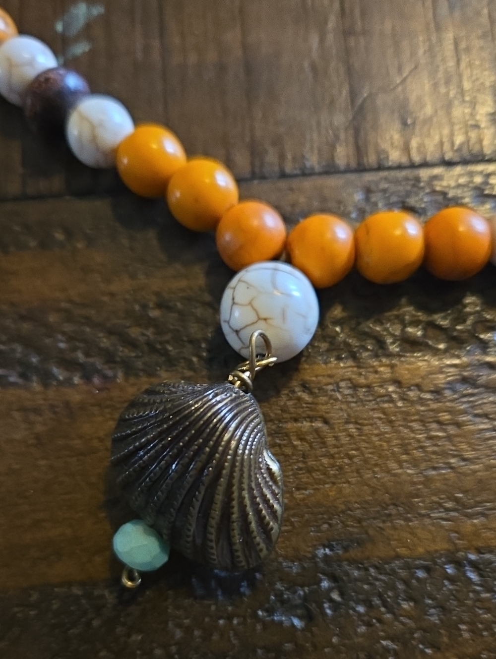 Handmade Orange & White Beaded Necklace with Shell Pendant - Picture 2 of 2